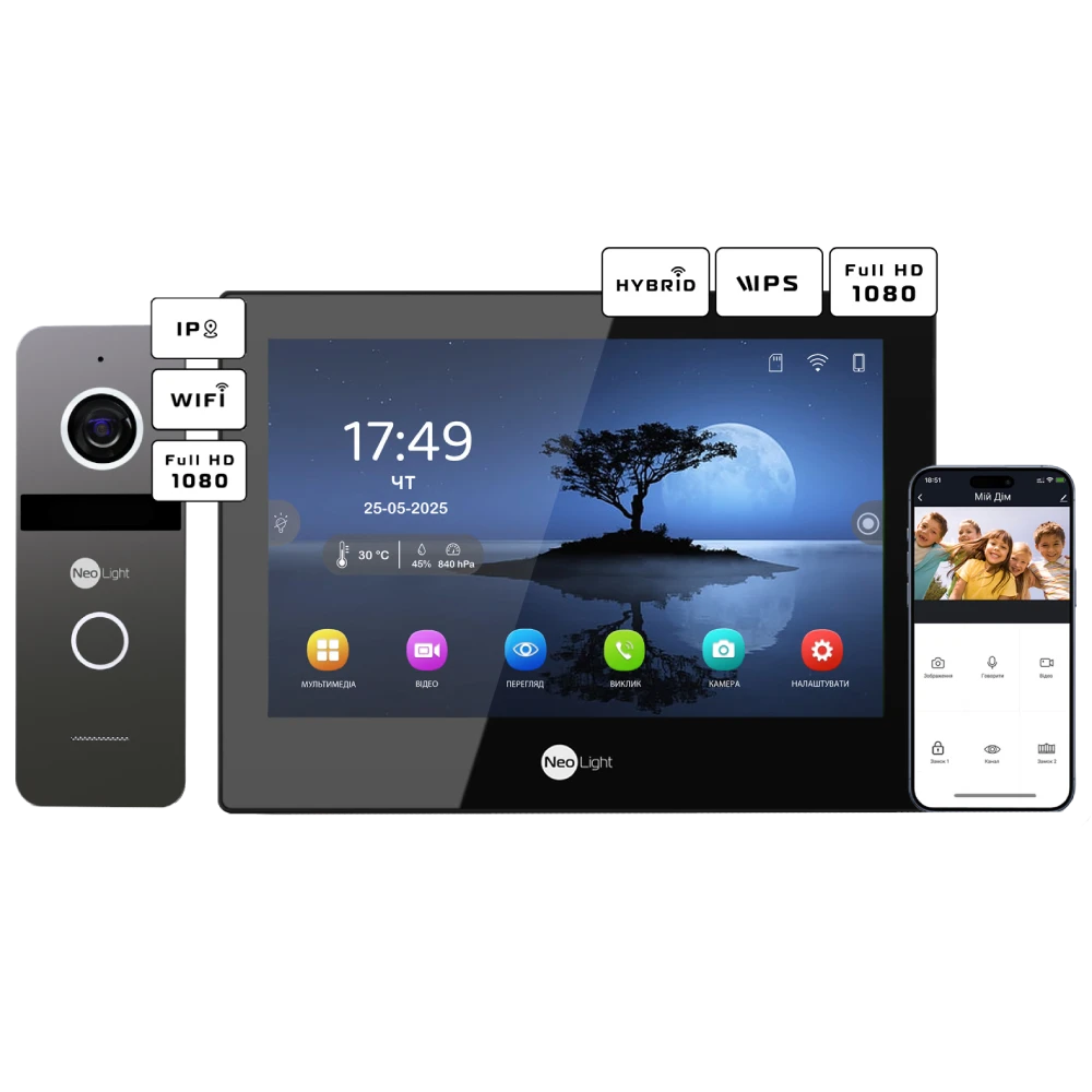 Комплект відеодомофону Neolight ALPHA Hybrid Black + SOLO IPW Graphite з кутком, PoE адаптер