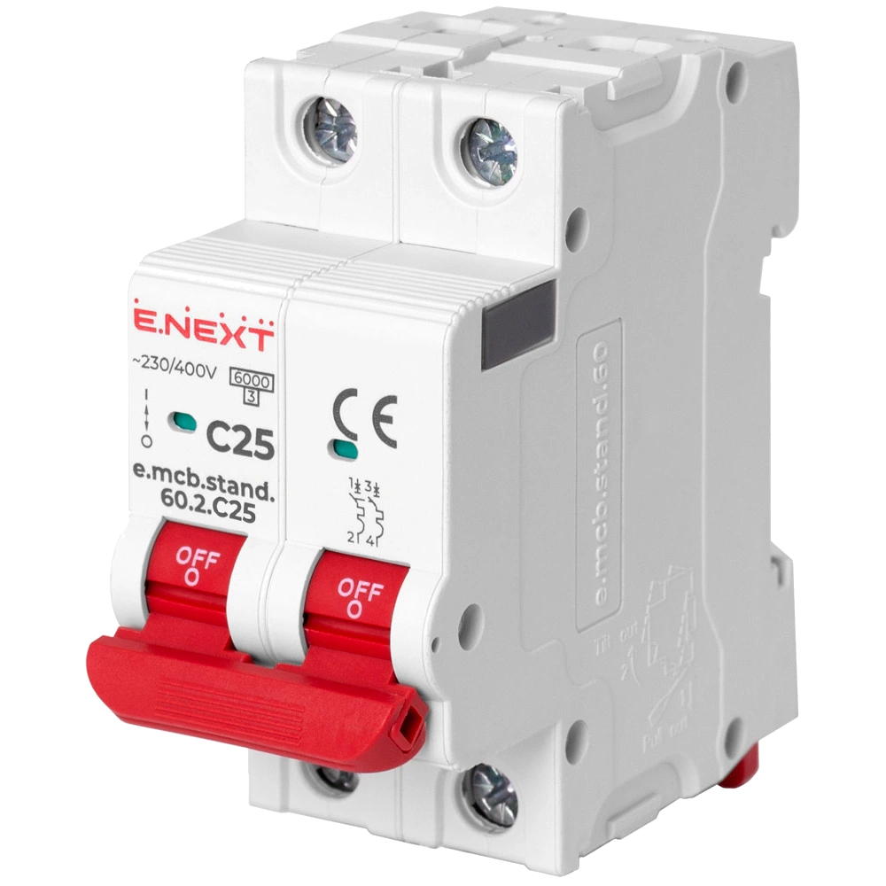 Модульний автоматичний вимикач Enext e.mcb.stand.60.2.C25, 2р, 25А, C, 6кА